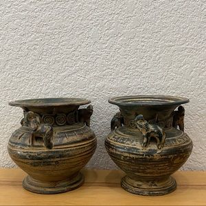 Pair of Vintage Asian Pottery Elephant Details 4.25” Vase